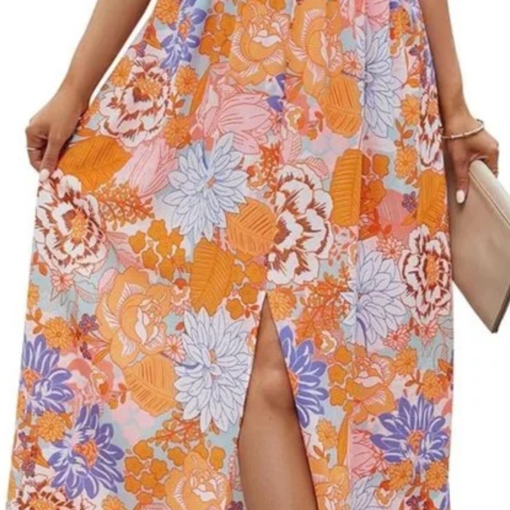Zesica Halter Neck Maxi Summer Dress Floral Backless Orange/Blue Cruise Size S - Picture 8 of 8